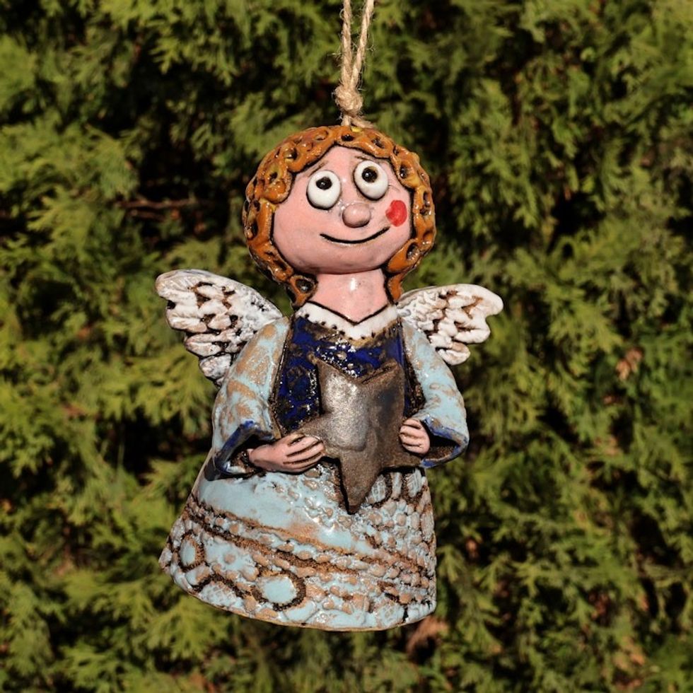 Hand-Painted Star and Angel-Themed Ceramic Bell Ornament 'Starkeeper Angel'