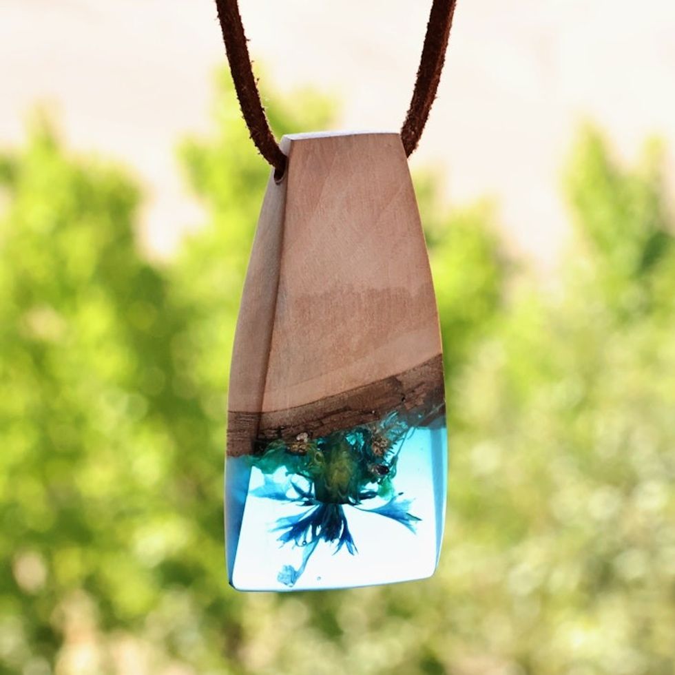 Handmade Blue Natural Flower Resin Wood Pendant Necklace 'Spring Gentian'