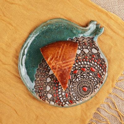 Alternate image for Glazed Green and Red Ceramic Pomegranate Dessert Plate Delightful Omen