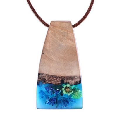 Alternate image for Handmade Blue Natural Flower Resin  Wood Pendant Necklace Spring Gentian