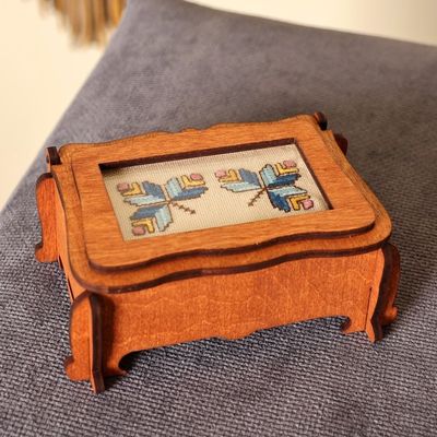 Alternate image for Handmade Wood Jewelry Box Topped by Lovely Embroidered Motif Blue Butterflies