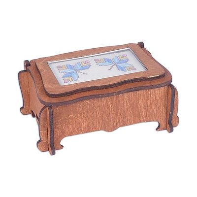 Alternate image for Handmade Wood Jewelry Box Topped by Lovely Embroidered Motif Blue Butterflies