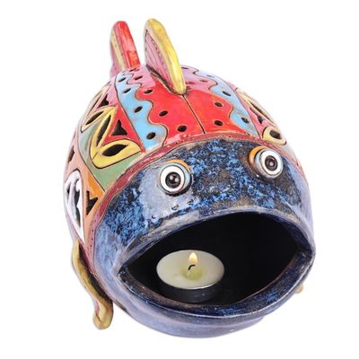 Alternate image for Handcrafted Multicolor Fish-Shaped Ceramic Tealight Holder Light Fish