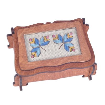 Alternate image for Handmade Wood Jewelry Box Topped by Lovely Embroidered Motif Blue Butterflies