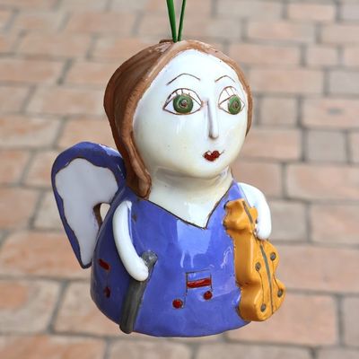 Alternate image for Hand-Painted Whimsical Blue Musical Angel Ceramic Ornament Rhythmic Dream