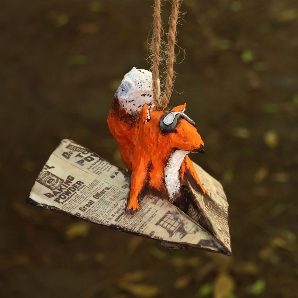 Whimsical Hand-Painted Papier Mache Aviator Fox Ornament 'The Fox's Dream'