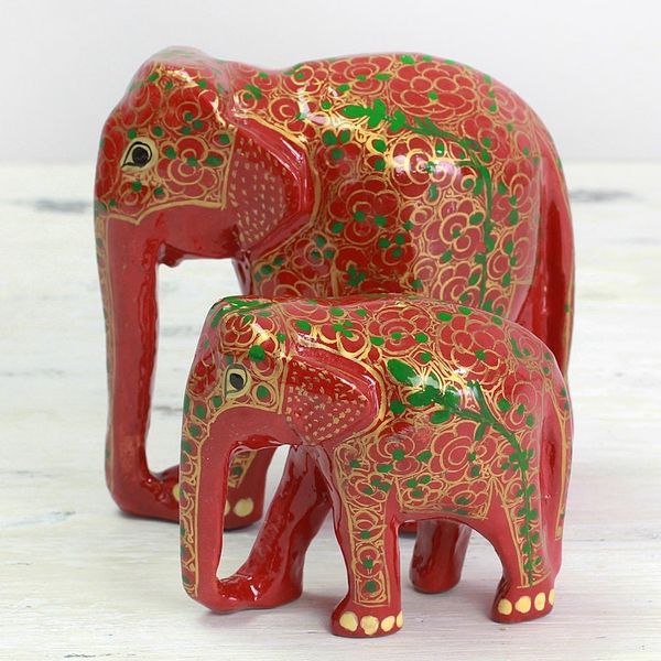 Alternate image for Set of Two Indian Painted Floral Wood Elephant Sculptures Maternal Glow