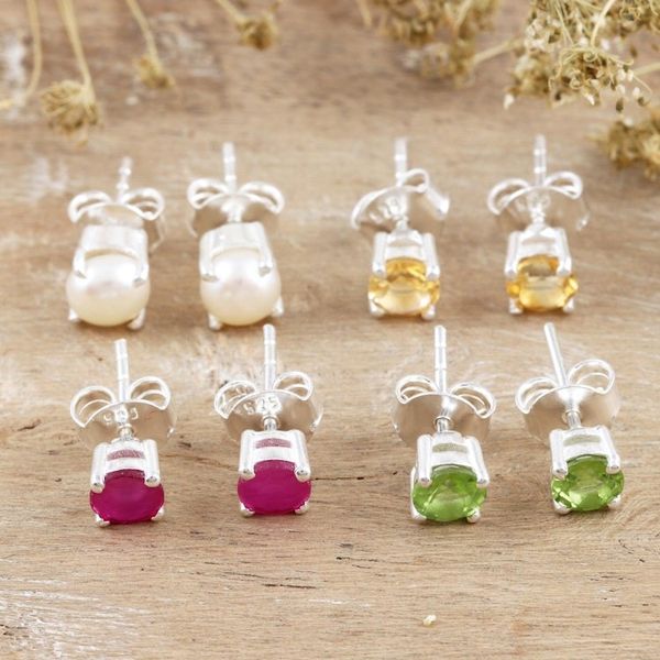 Alternate image for Sterling Silver Gemstone Stud Earrings from India Set of 4 Facts of Life