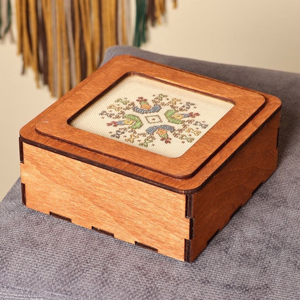 Handmade Wood Jewelry Box with Colorful Embroidered Motif 'Amazing Colors'