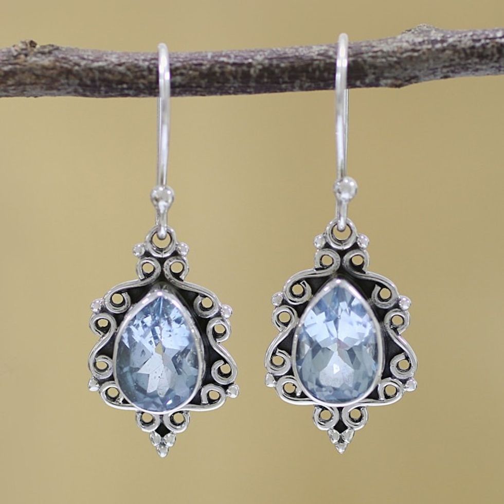 Sterling Silver and Blue Topaz Dangle Earrings from India 'Blue Intricacy'