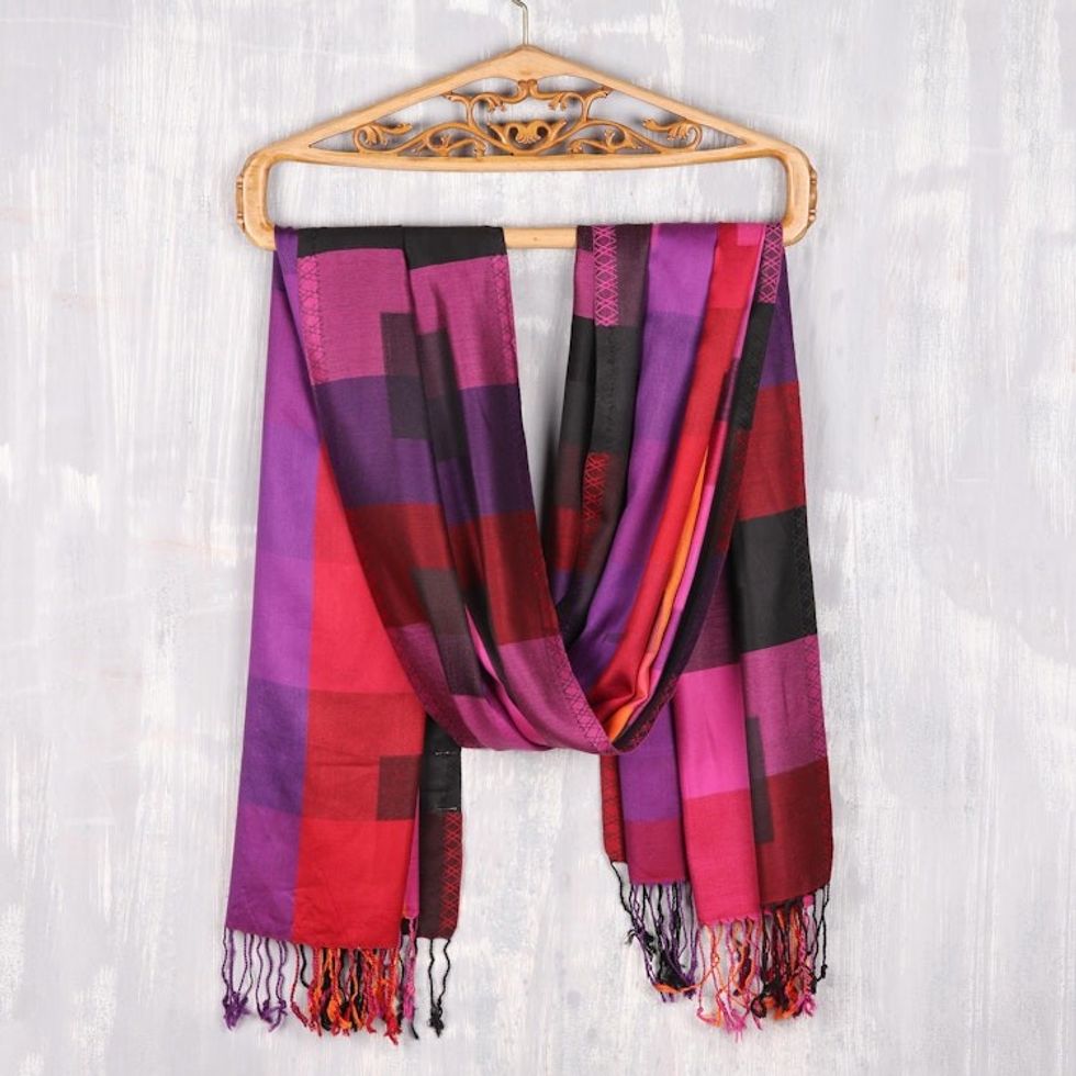 Square Pattern Viscose Shawl from India 'Vibrant Kaleidoscope Squares'