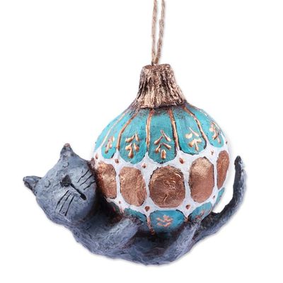 Alternate image for Hand-Painted Papier Mache Ornament of Cat and Holiday Ball Feline Sphere