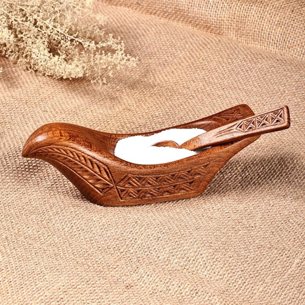 Wood Bird Condiment Dish with Spoon Hand-Carved in Armenia 'Birdie Delight'