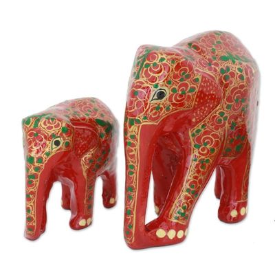 Alternate image for Set of Two Indian Painted Floral Wood Elephant Sculptures Maternal Glow