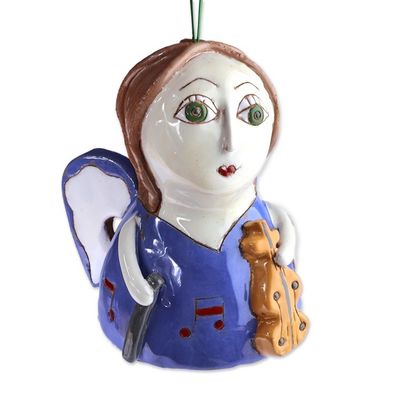 Alternate image for Hand-Painted Whimsical Blue Musical Angel Ceramic Ornament Rhythmic Dream