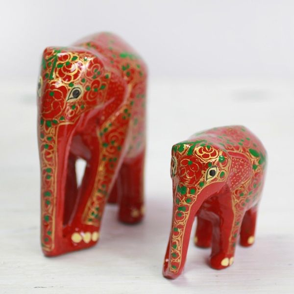 Alternate image for Set of Two Indian Painted Floral Wood Elephant Sculptures Maternal Glow