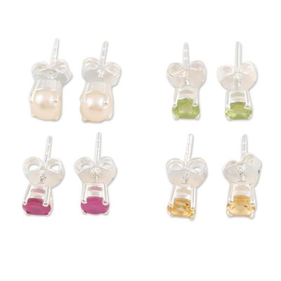 Alternate image for Sterling Silver Gemstone Stud Earrings from India Set of 4 Facts of Life