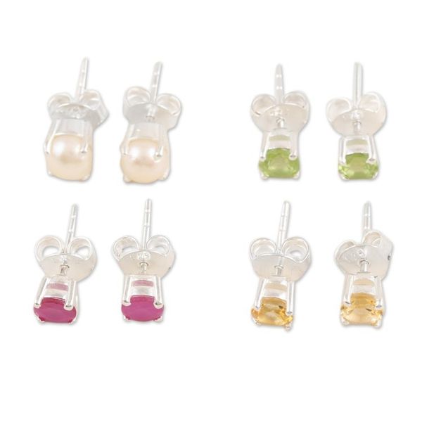 Alternate image for Sterling Silver Gemstone Stud Earrings from India Set of 4 Facts of Life