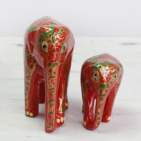Alternate image for Set of Two Indian Painted Floral Wood Elephant Sculptures Maternal Glow