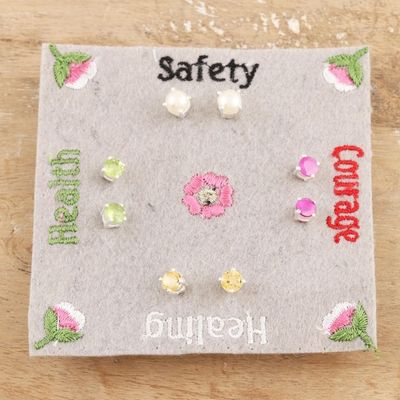 Alternate image for Sterling Silver Gemstone Stud Earrings from India Set of 4 Facts of Life