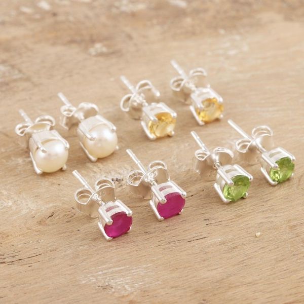Alternate image for Sterling Silver Gemstone Stud Earrings from India Set of 4 Facts of Life