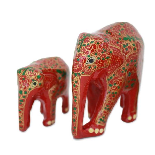 Alternate image for Set of Two Indian Painted Floral Wood Elephant Sculptures Maternal Glow
