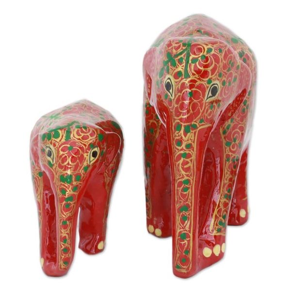 Alternate image for Set of Two Indian Painted Floral Wood Elephant Sculptures Maternal Glow