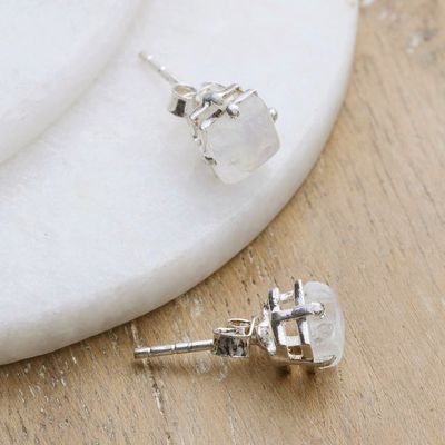 Alternate image for Shiny Sterling Silver Stud Earrings with Rainbow Moonstones Mystic Charm