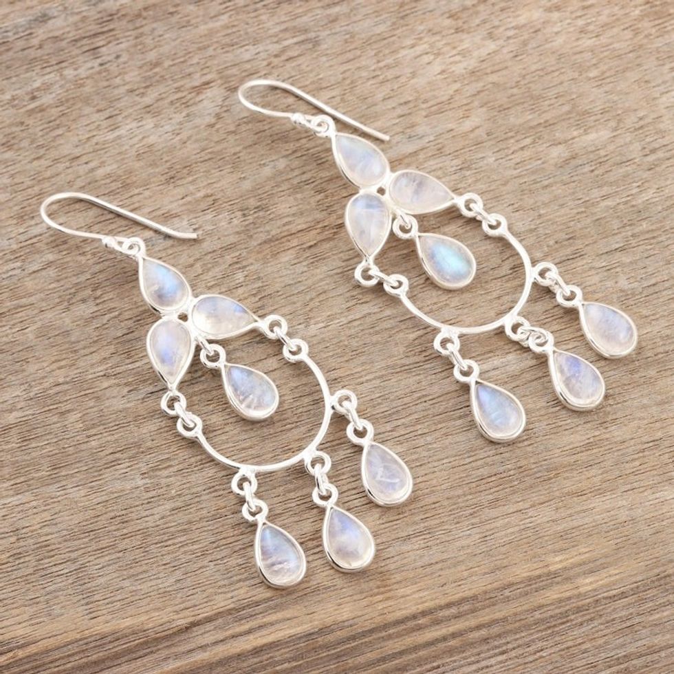 Sterling Silver and Rainbow Moonstone Chandelier Earrings 'Sky Dance'
