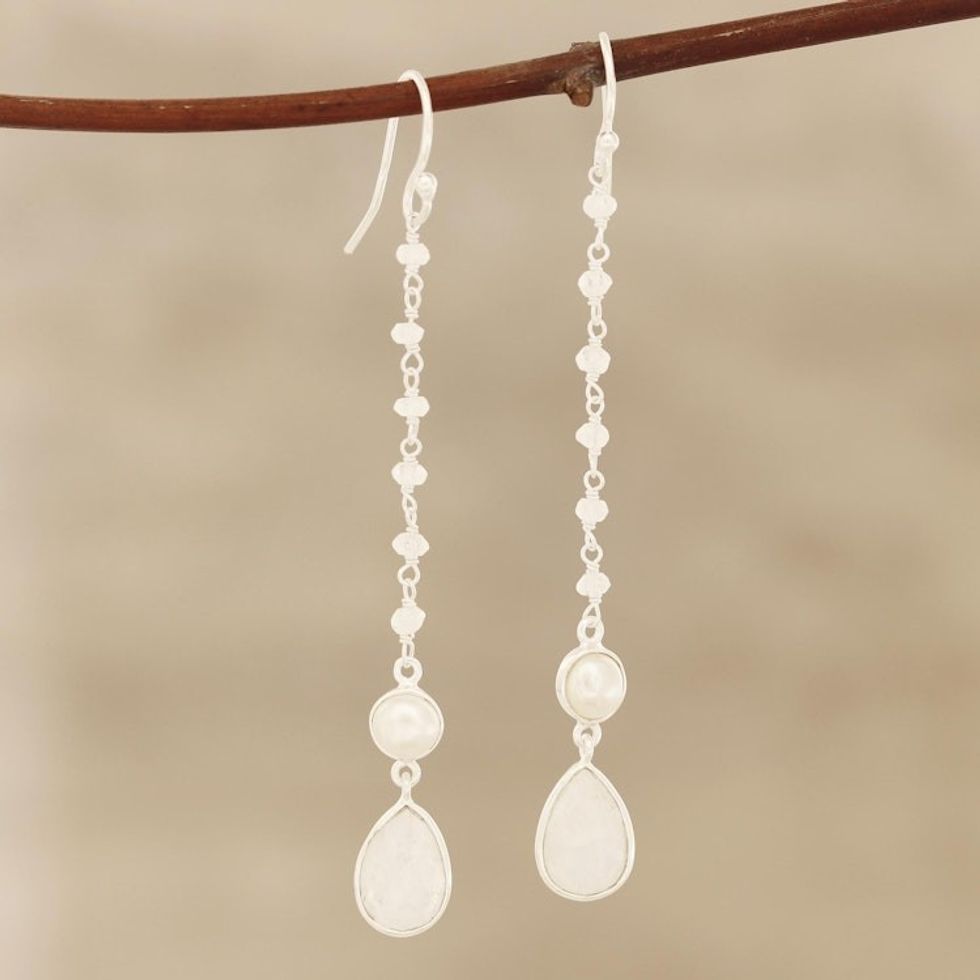 Rainbow Moonstone and Cultured Pearl Dangle Earrings 'Purest Harmony'