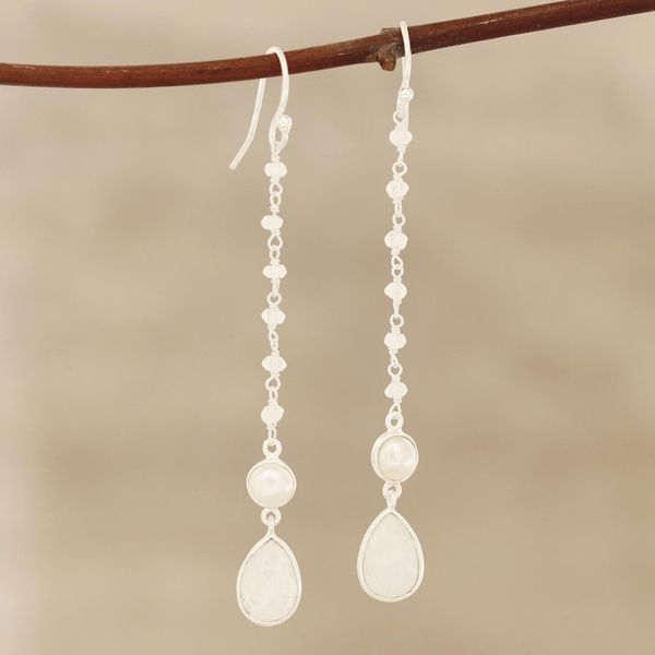 Alternate image for Rainbow Moonstone and Cultured Pearl Dangle Earrings Purest Harmony