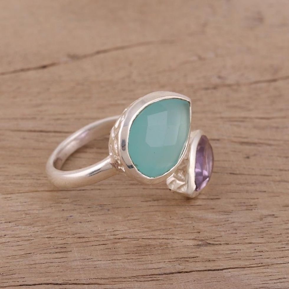 Blue Chalcedony and Amethyst Sterling Silver Wrap Ring 'Luminous Harmony'