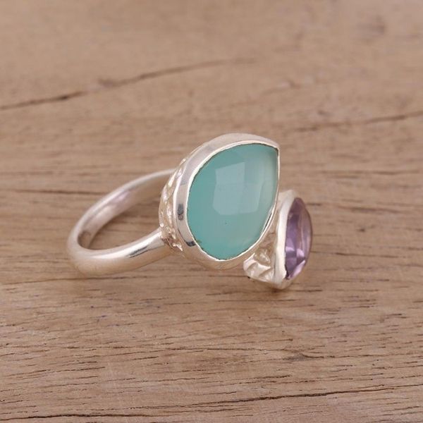 Alternate image for Blue Chalcedony and Amethyst Sterling Silver Wrap Ring Luminous Harmony