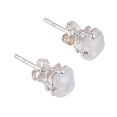 Alternate image for Shiny Sterling Silver Stud Earrings with Rainbow Moonstones Mystic Charm