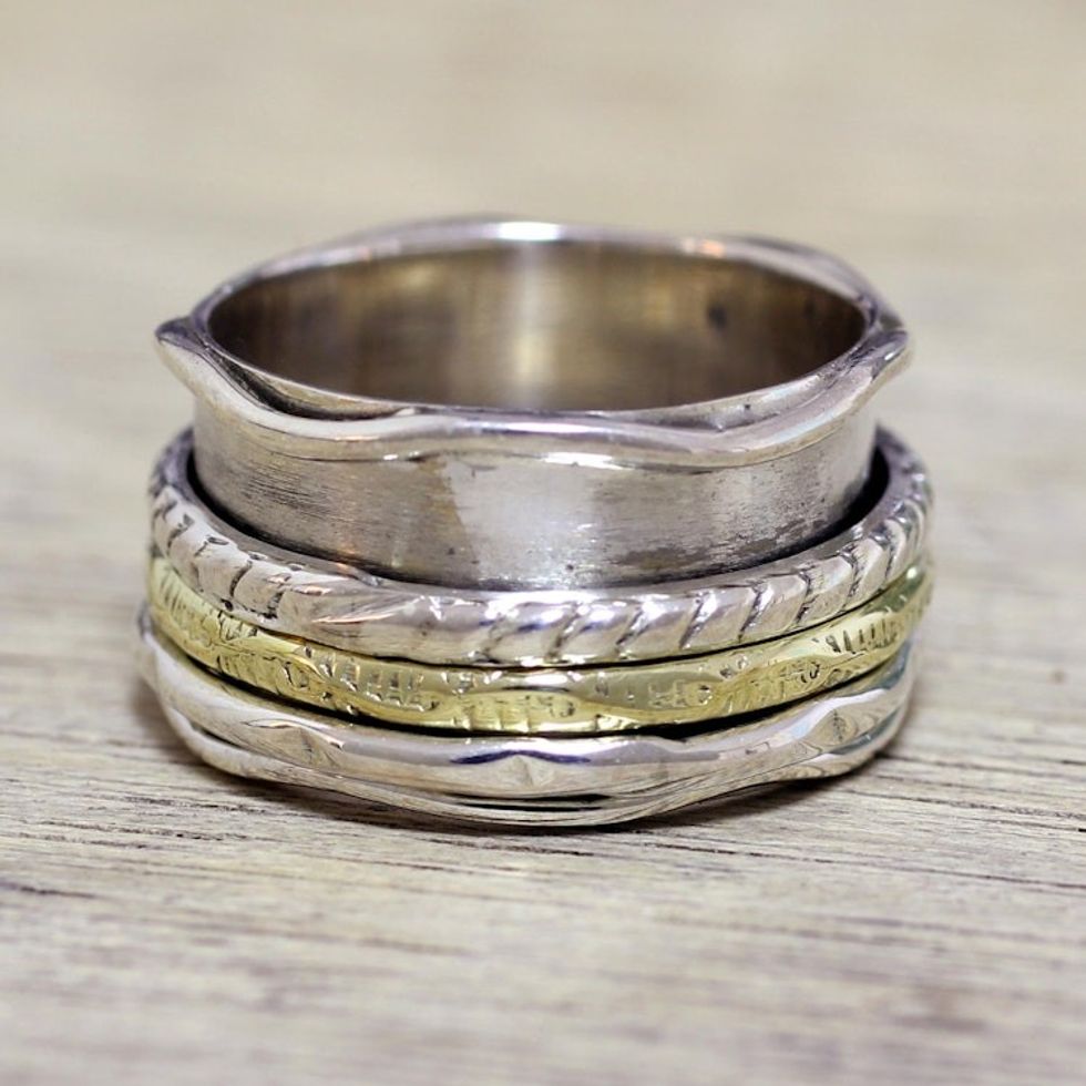 Handcrafted Sterling Silver and Brass Indian Spinner Ring 'Spinning Grace'