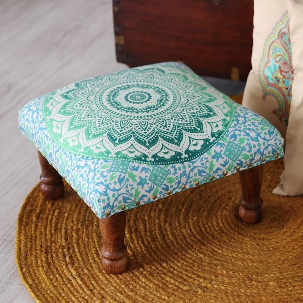 Green Mandala Motif Ottoman with Wood Legs 'Green Magnificence'