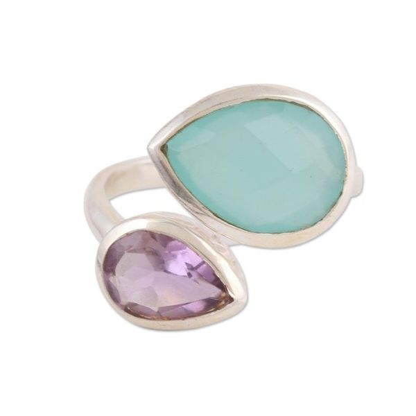 Alternate image for Blue Chalcedony and Amethyst Sterling Silver Wrap Ring Luminous Harmony