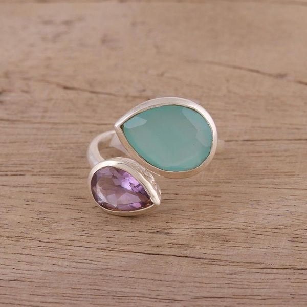 Alternate image for Blue Chalcedony and Amethyst Sterling Silver Wrap Ring Luminous Harmony