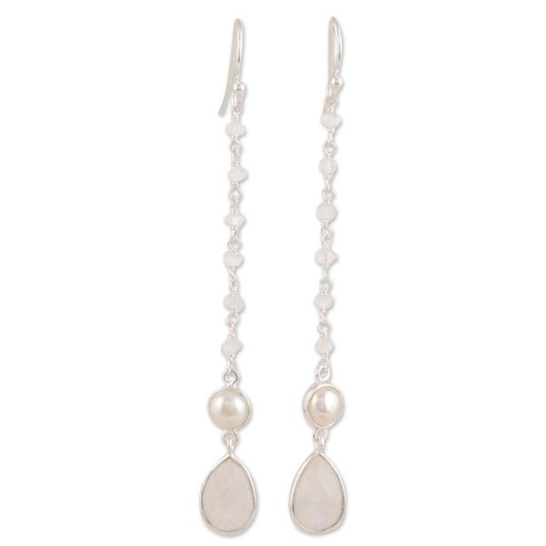 Alternate image for Rainbow Moonstone and Cultured Pearl Dangle Earrings Purest Harmony