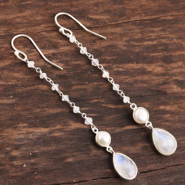 Alternate image for Rainbow Moonstone and Cultured Pearl Dangle Earrings Purest Harmony