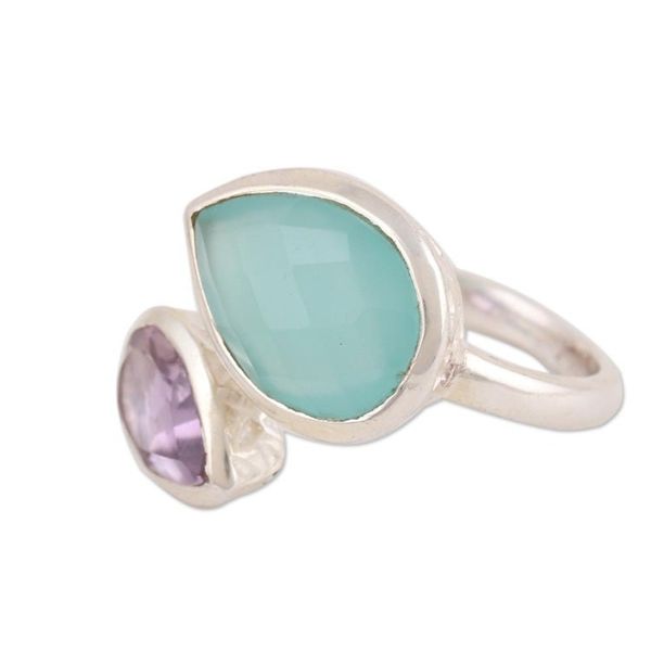 Alternate image for Blue Chalcedony and Amethyst Sterling Silver Wrap Ring Luminous Harmony