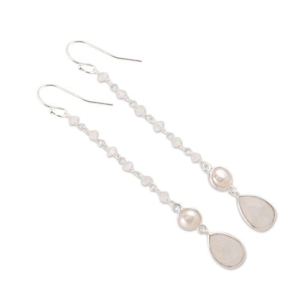 Alternate image for Rainbow Moonstone and Cultured Pearl Dangle Earrings Purest Harmony