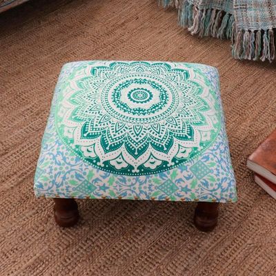 Alternate image for Green Mandala Motif Ottoman with Wood Legs Green Magnificence