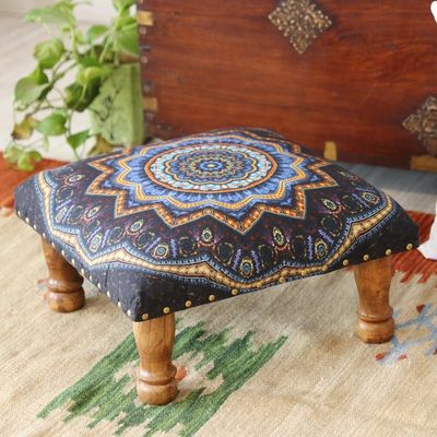 Alternate image for Multicolored Mandala Motif Ottoman with Wood Legs Floral Ignite