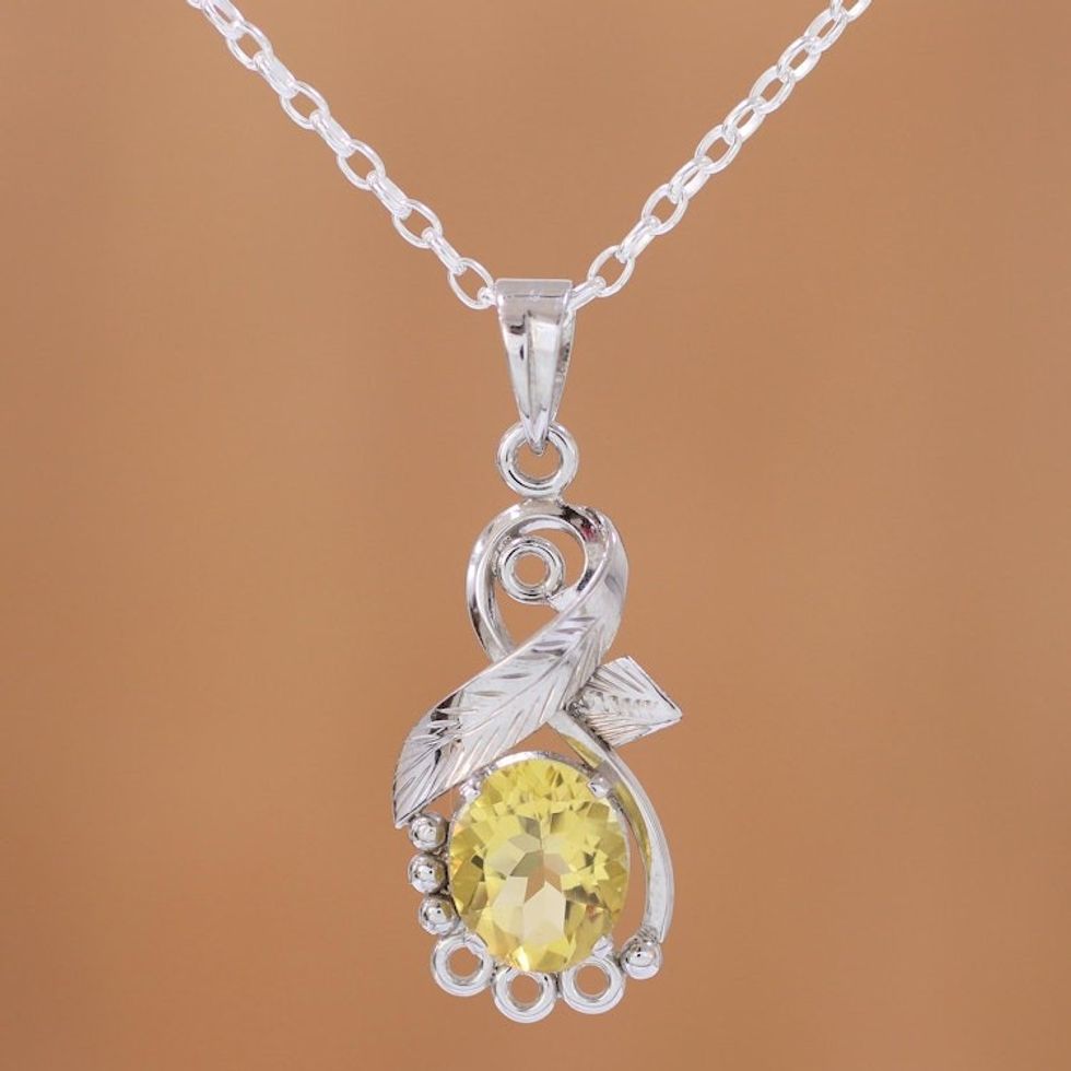 Rhodium Plated Leafy Citrine Pendant Necklace from India 'Sunshine Vine'