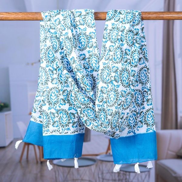 Alternate image for Block-Printed Cotton Scarf with Azure Paisley Pattern Paisley Heaven