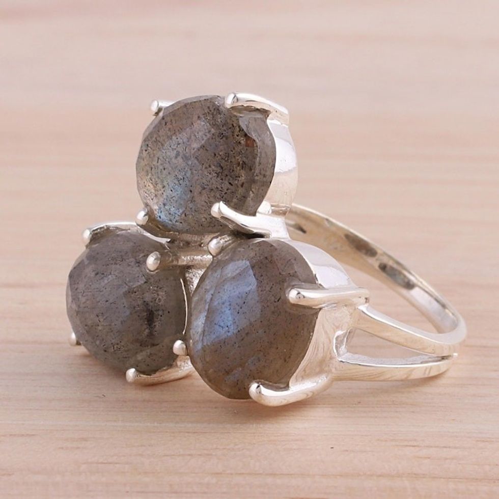 Labradorite and Sterling Silver Multi Stone Ring from India 'Bold Trio'