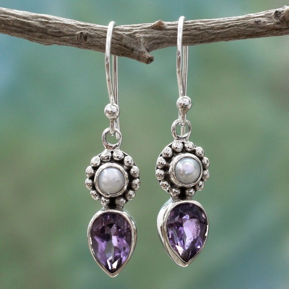 Amethyst and Cultured Pearl Earrings in Sterling Silver 'Amethyst Tear'