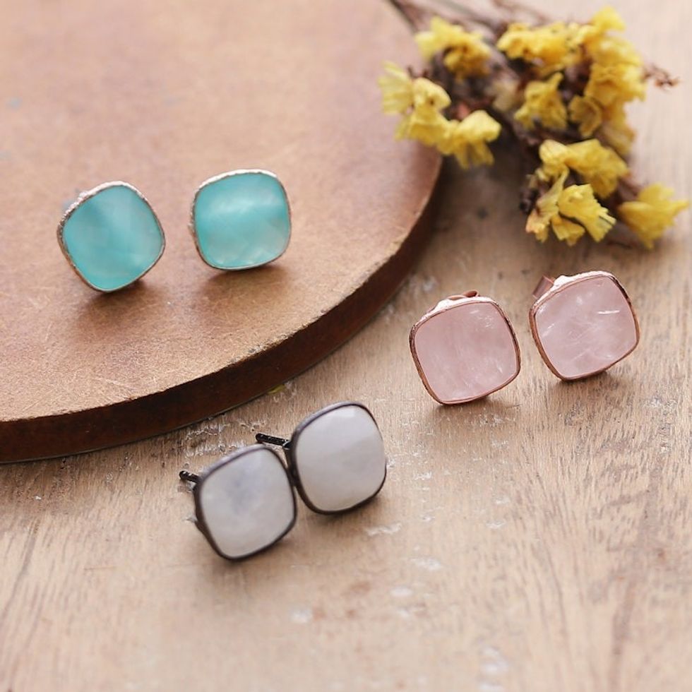 Polished Square-Shaped Gemstone Stud Earrings Set of 3 'Heavenly Feelings'