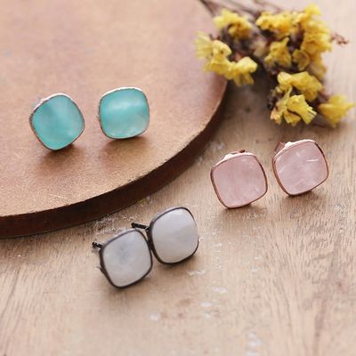 Alternate image for Polished Square-Shaped Gemstone Stud Earrings Set of 3 Heavenly Feelings